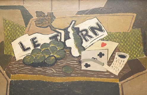 Continental School, Still life of fruit and objects, cubist oil on board, 29 x 45cm